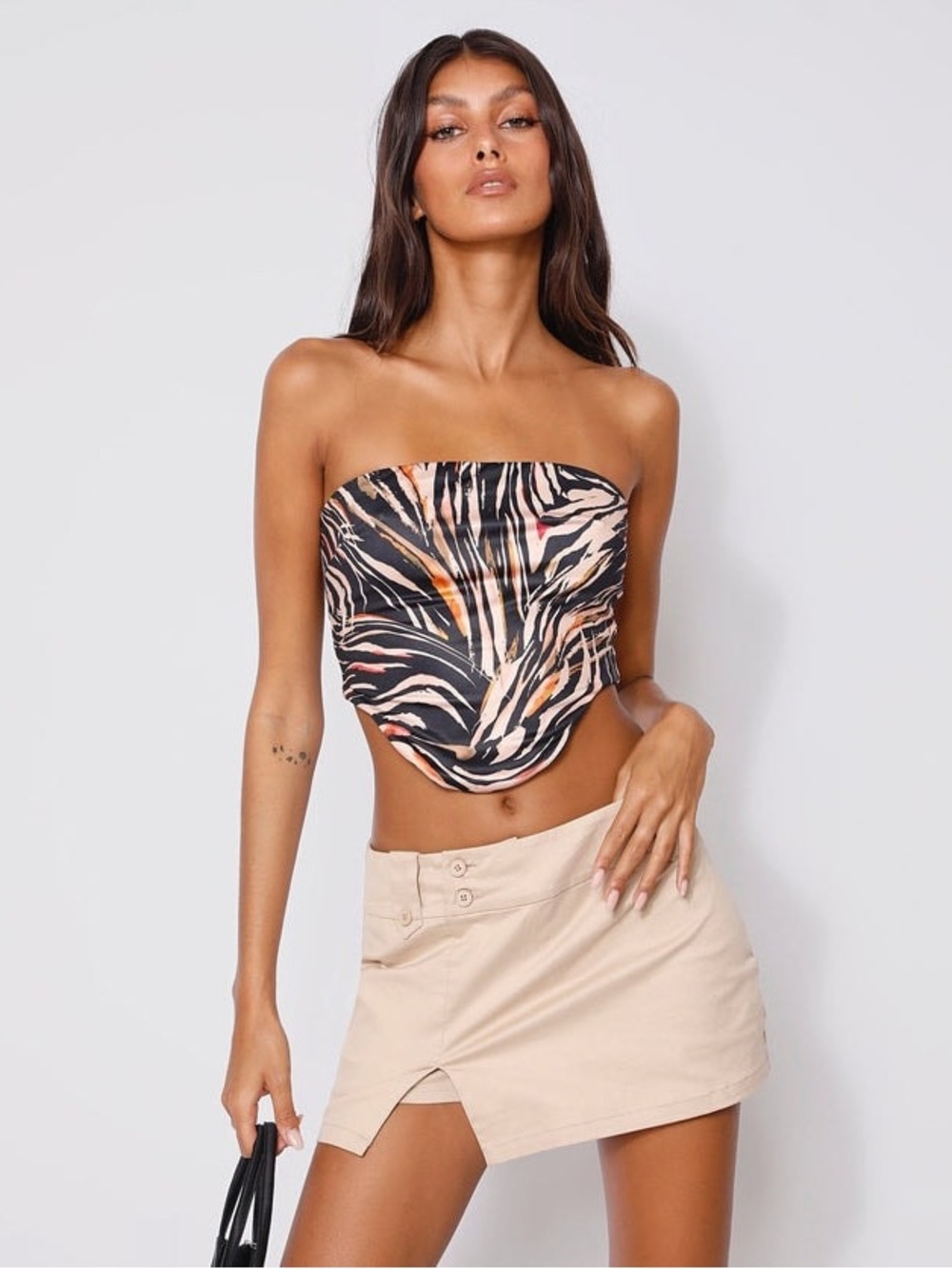 Tiger Mist Zebra-Print Strapless Top - Black, Beige & Orange